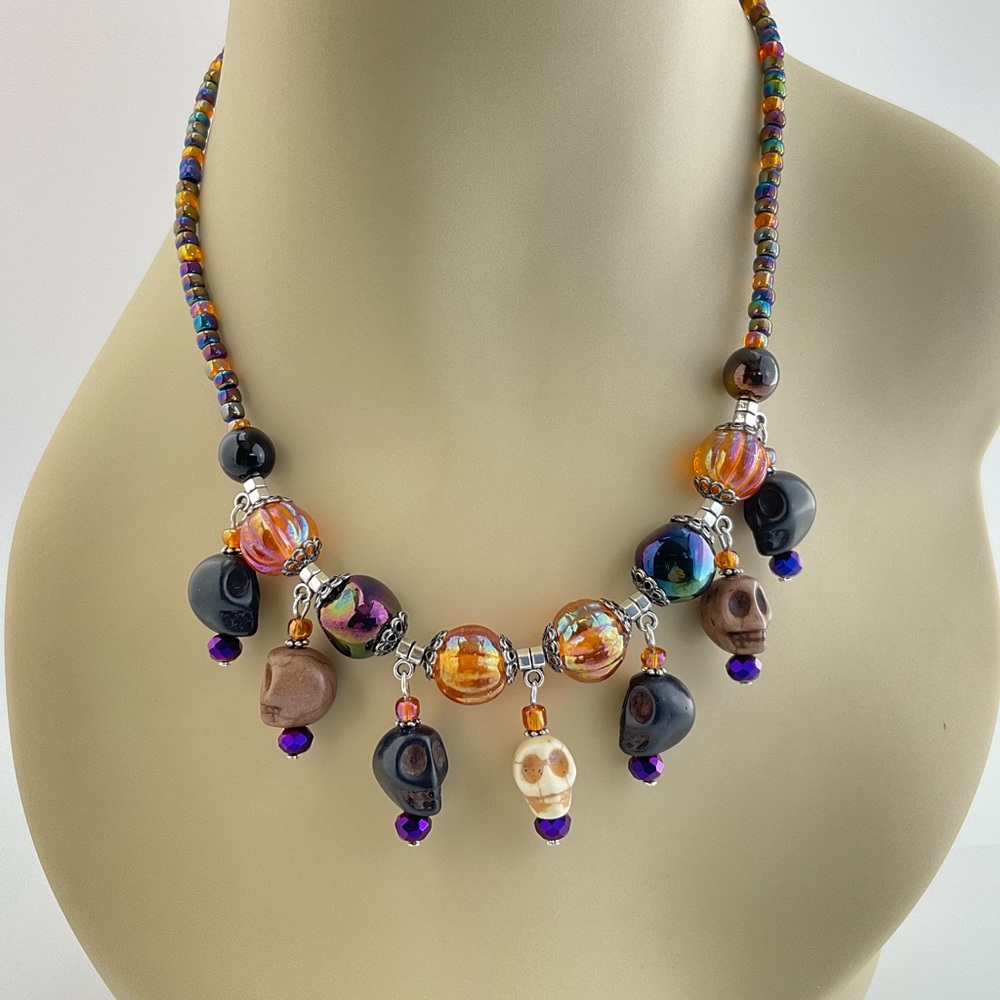 Skulls & Pumpkins Necklace, Handmade, Halloween, 18" Long, Goth, Day of the Dead
